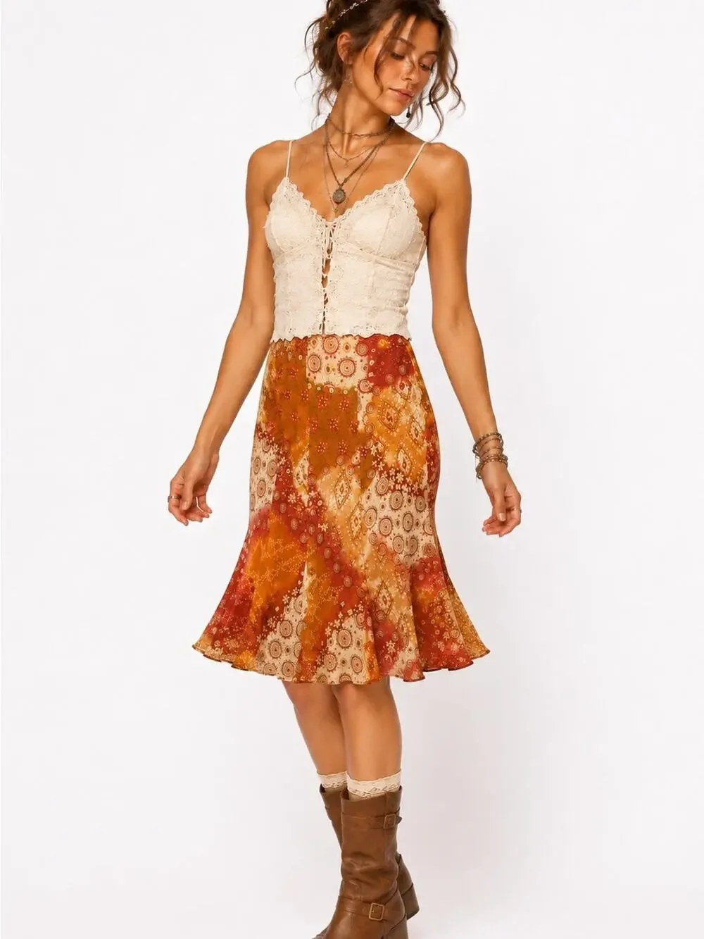 Vintage Women Boho Fairy Trumpet Midi Skirt Size 14 Southwestern Print Metallic